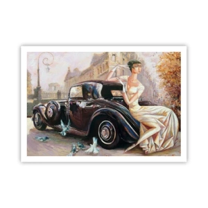 Affiche - Poster - Femme rétro à côté d'une voiture classique - 100x70cm - L'élégance dans un style rétro - Décoration murale moderne pour le salon et la chambre ARTTOR