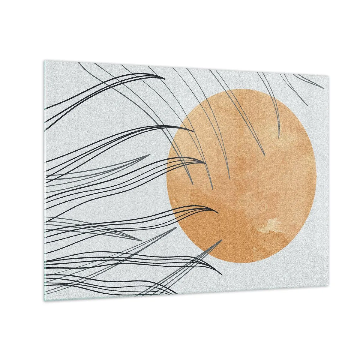 Impression sur verre - Image sur verre - Soleil orange avec des lignes dynamiques sur fond clair - 70x50cm - Toujours vers le soleil - Décoration murale moderne pour le salon et la chambre ARTTOR