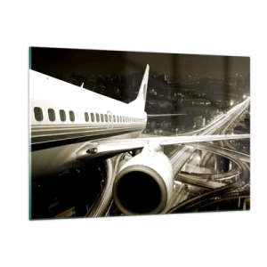 Impression sur verre - Image sur verre - Un avion au dessus de la ville la nuit avec une ambiance industrielle - 120x80cm - Vole dans la nuit - Décoration murale moderne pour le salon et la chambre ARTTOR