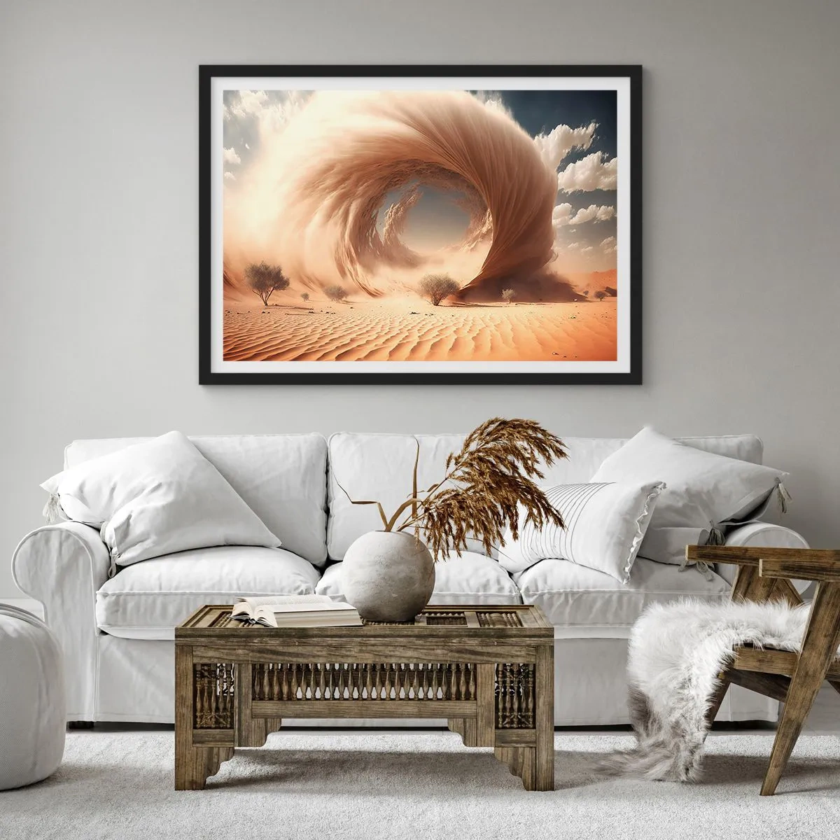 Affiche dans un cadre noir - Poster - Tourbillon de sable dynamique dans un désert avec des arbres - 70x50cm - Portail ouvert - Décoration murale moderne pour le salon et la chambre ARTTOR