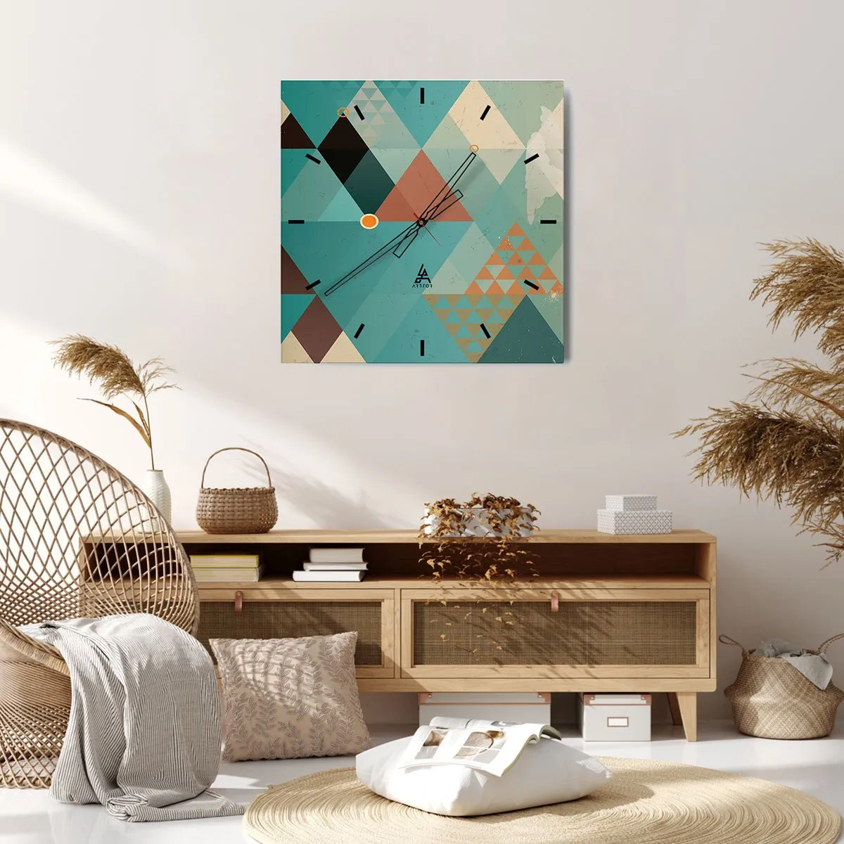 Horloge murale - Pendule murale - Motifs géométriques dans les tons turquoise et marron - 30x30cm - Unité de la multiplicité, multiplicité de l'unité - Décoration murale moderne pour le salon et la chambre ARTTOR