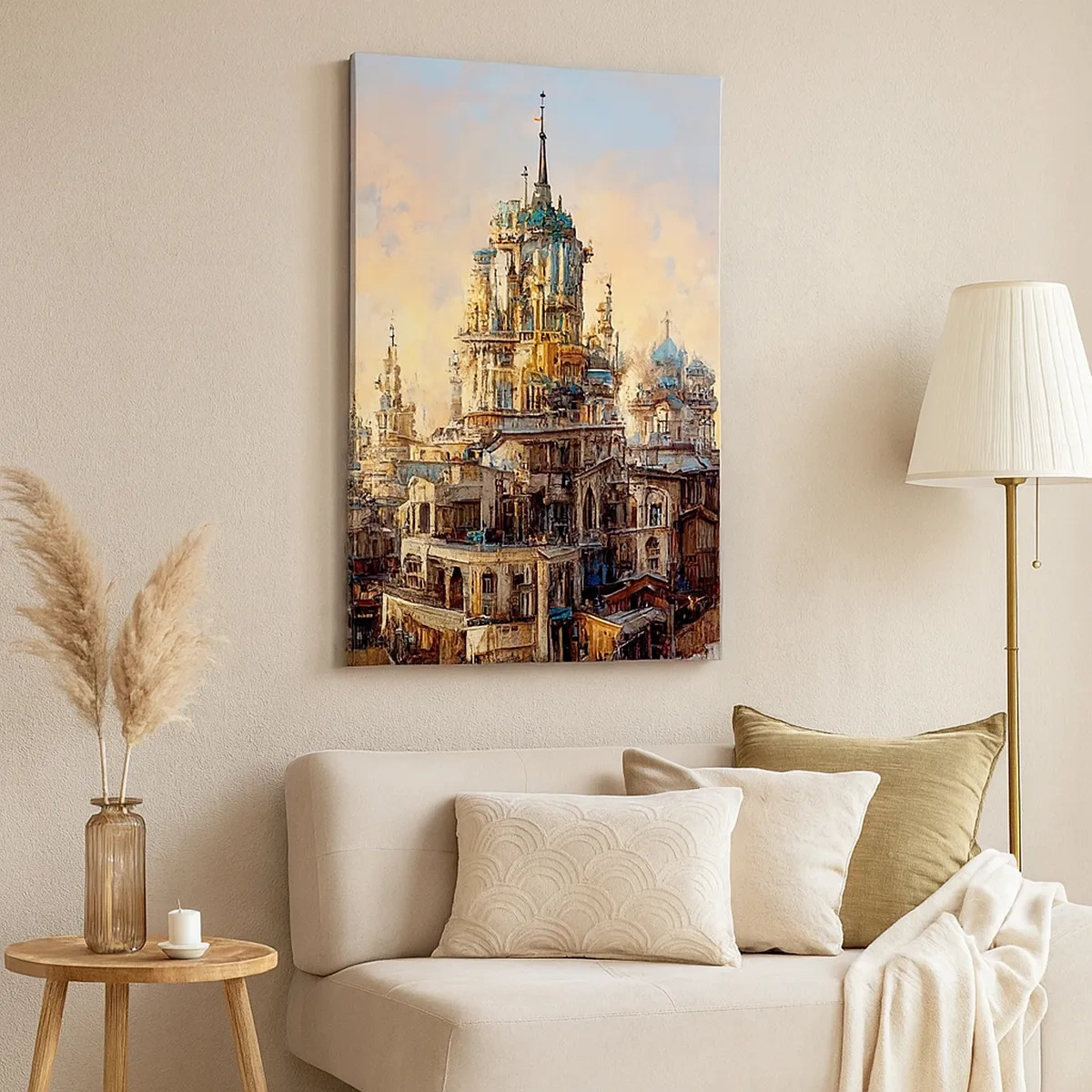Impression sur toile - Image sur toile - Tours architecturales dans les rayons du soleil couchant - 50x70cm - Ville des villes - Décoration murale moderne pour le salon et la chambre ARTTOR