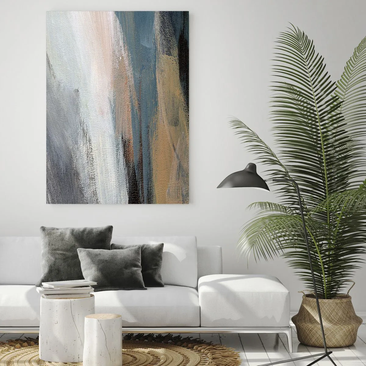 Impression sur verre - Image sur verre - Paysage abstrait dans des tons sobres de bleu et de beige - 80x120cm - Abstraction : paysage nordique - Décoration murale moderne pour le salon et la chambre ARTTOR