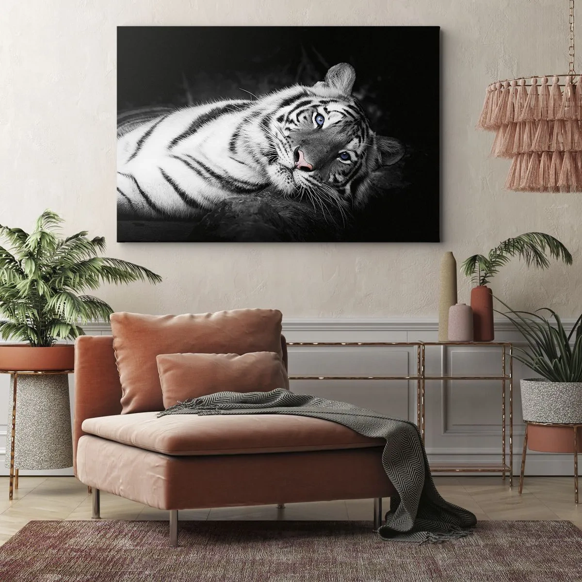 Impression sur toile - Image sur toile - Un tigre blanc rendu artistiquement sur un fond noir - 100x70cm - Sauvagerie et paix - Décoration murale moderne pour le salon et la chambre ARTTOR