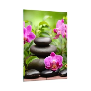 Impression sur verre - Image sur verre - Orchidées roses avec des pierres sur fond vert - 80x120cm - Pyramide de la Paix - Décoration murale moderne pour le salon et la chambre ARTTOR