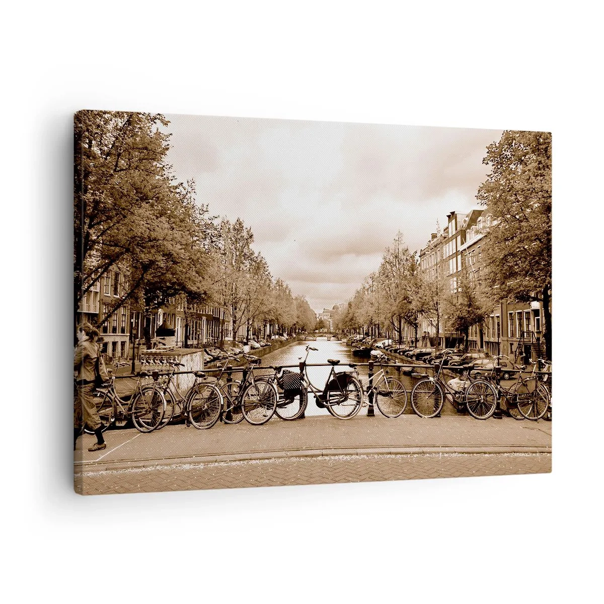 Impression sur toile - Image sur toile - Pont cyclable sur le canal en sépia - 70x50cm - Ambiance hollandaise - Décoration murale moderne pour le salon et la chambre ARTTOR