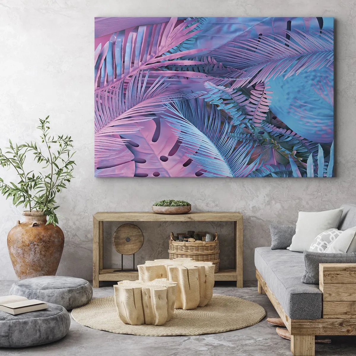 Impression sur toile - Image sur toile - Feuilles tropicales dans les tons de rose et de bleu - 100x70cm - Les tropiques en rose et bleu - Décoration murale moderne pour le salon et la chambre ARTTOR