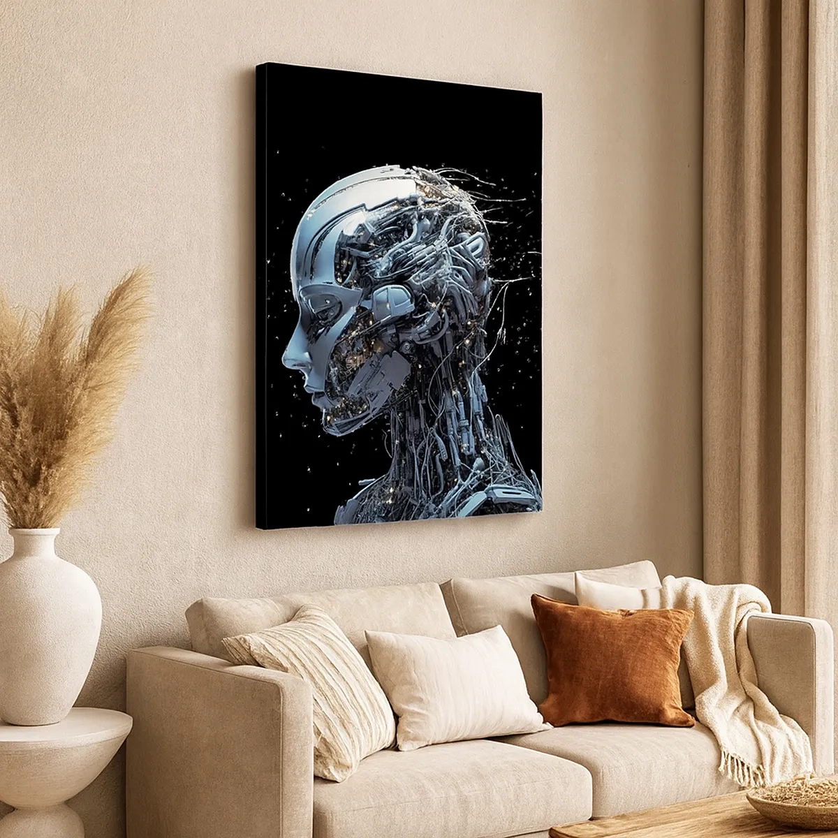 Impression sur toile - Image sur toile - Portrait futuriste d'un cyborg dans un style industriel sur fond noir. - 50x70cm - La technologie est une femme - Décoration murale moderne pour le salon et la chambre ARTTOR