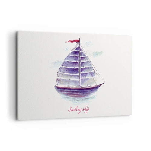 Impression sur toile - Image sur toile - Une aquarelle représentant un voilier sur l'eau avec une inscription délicate - 120x80cm - Plein de voiles et d’eau calme - Décoration murale moderne pour le salon et la chambre ARTTOR