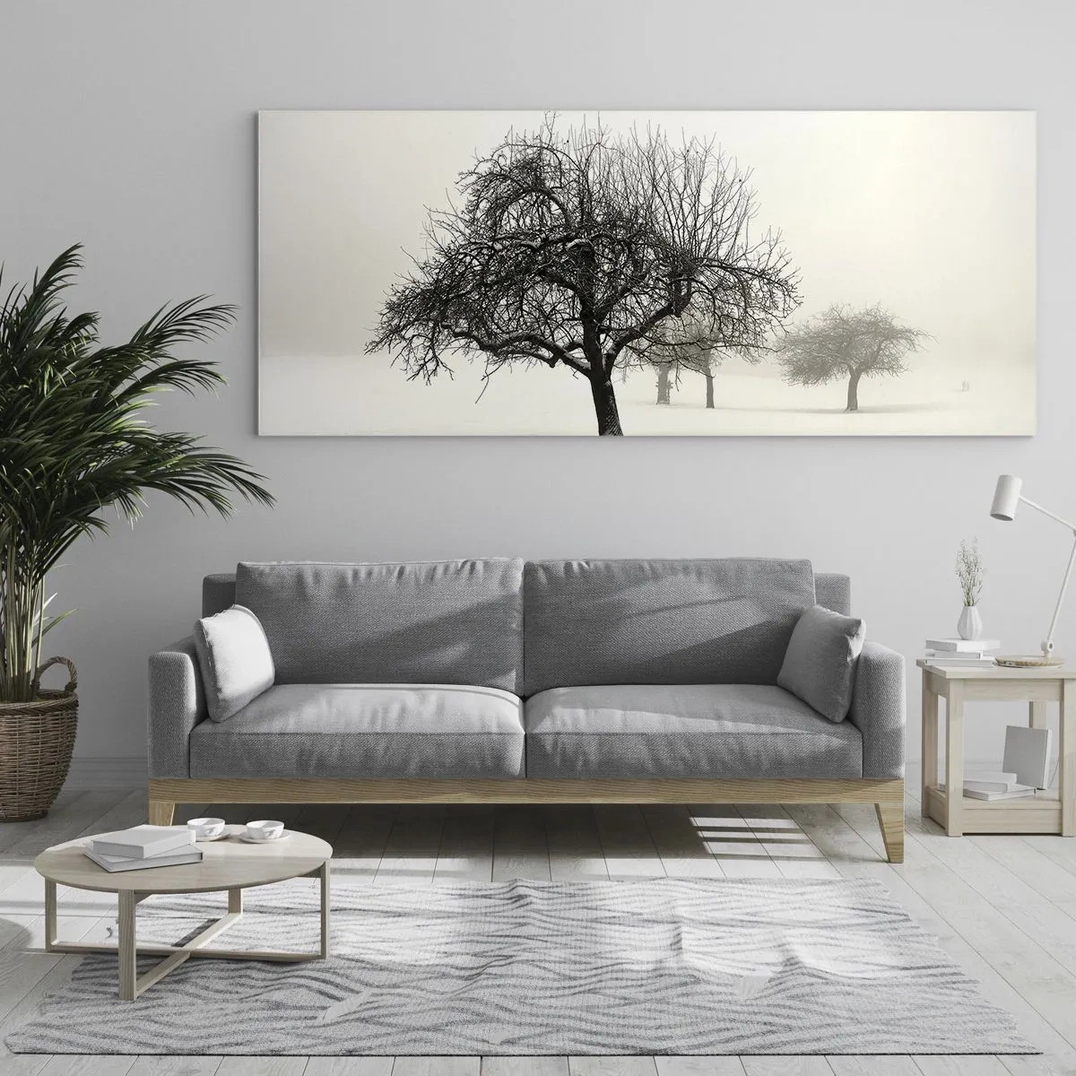 Impression sur verre - Image sur verre - Arbres dans un champ enneigé entouré de brouillard - 120x50cm - Un rêve hivernal - Décoration murale moderne pour le salon et la chambre ARTTOR