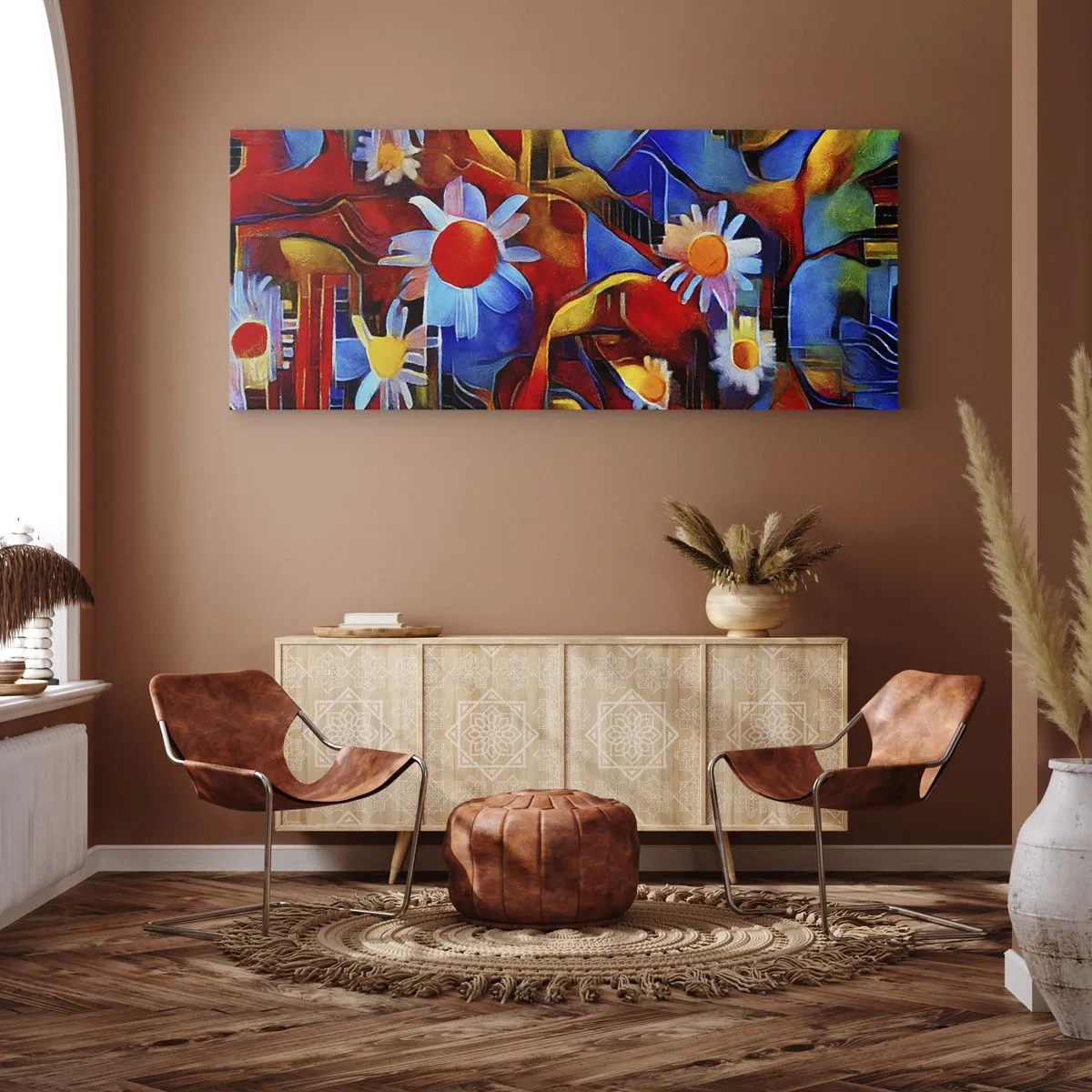 Impression sur toile - Image sur toile - Fleurs abstraites sur fond de motifs géométriques - 140x50cm - Les couleurs de la vie - Décoration murale moderne pour le salon et la chambre ARTTOR