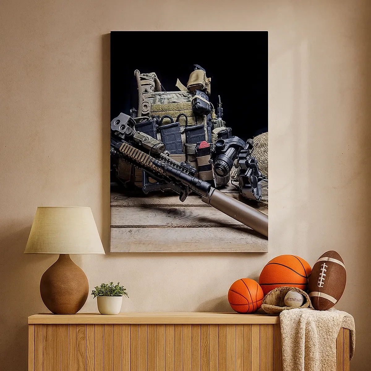 Impression sur toile - Image sur toile - Équipement tactique avec un fusil sur une table en bois - 50x70cm - Se reposer! - Décoration murale moderne pour le salon et la chambre ARTTOR