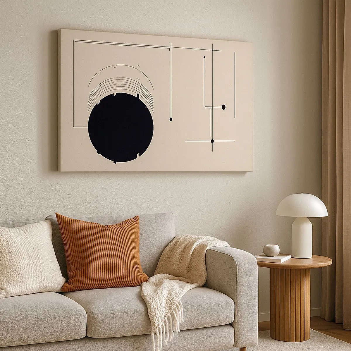 Impression sur toile - Image sur toile - Lignes géométriques noires et un cercle sur fond beige - 70x50cm - Une composition flexible et dynamique - Décoration murale moderne pour le salon et la chambre ARTTOR