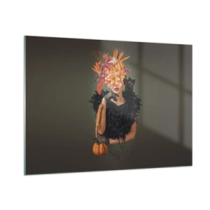 Impression sur verre - Image sur verre - Figure d'une femme en noir avec une citrouille, un chat et une composition florale - 100x70cm - Sort de sorcière - Décoration murale moderne pour le salon et la chambre ARTTOR