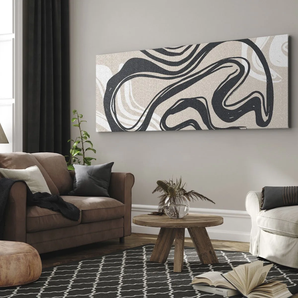 Impression sur toile - Image sur toile - Lignes abstraites dans des tons sombres sur fond beige - 120x50cm - Expression multipliée - Décoration murale moderne pour le salon et la chambre ARTTOR