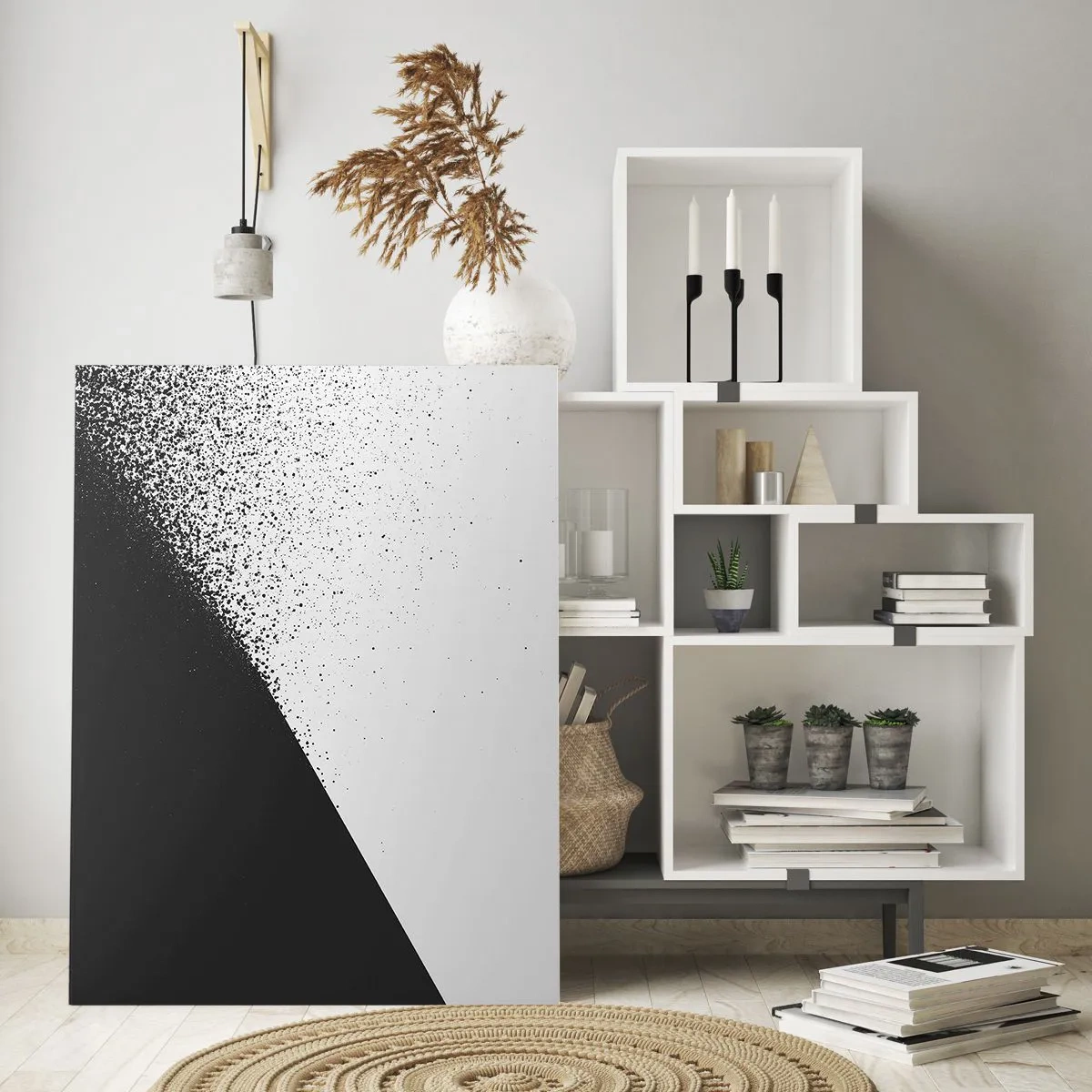 Impression sur verre - Image sur verre - Abstraction minimaliste en noir et blanc avec des points dispersés - 80x120cm - De plus en plus vite, de plus en plus - Décoration murale moderne pour le salon et la chambre ARTTOR