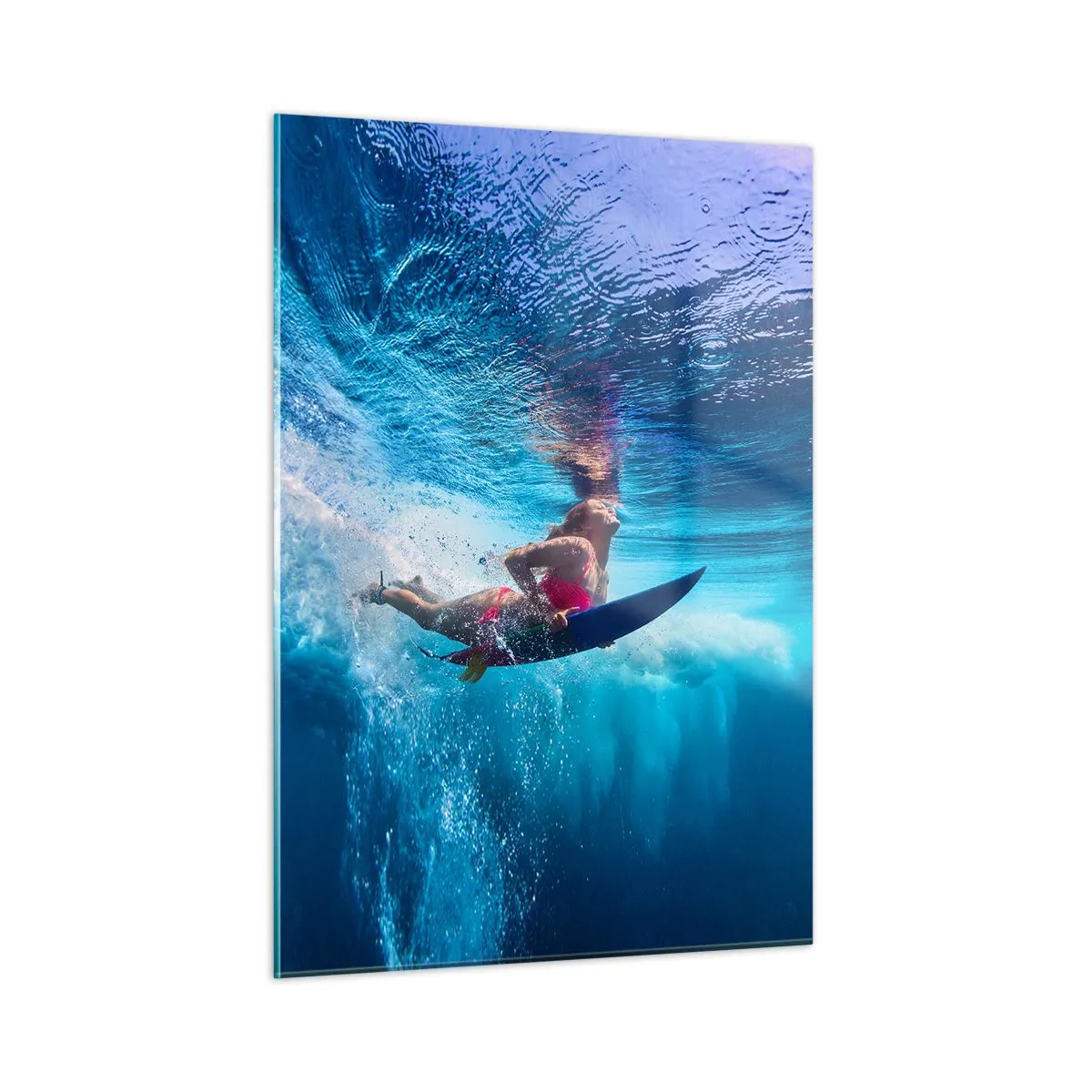 Impression sur verre - Image sur verre - Une scène sous-marine avec un surfeur en action dynamique - 50x70cm - Joie profonde - Décoration murale moderne pour le salon et la chambre ARTTOR