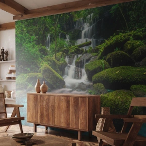 Papier Peint Photo Premium Canvas - Turquoise, saphirs et argent liquide - Paysage, Cascade, ruisseau de montagne - 500x350 cm