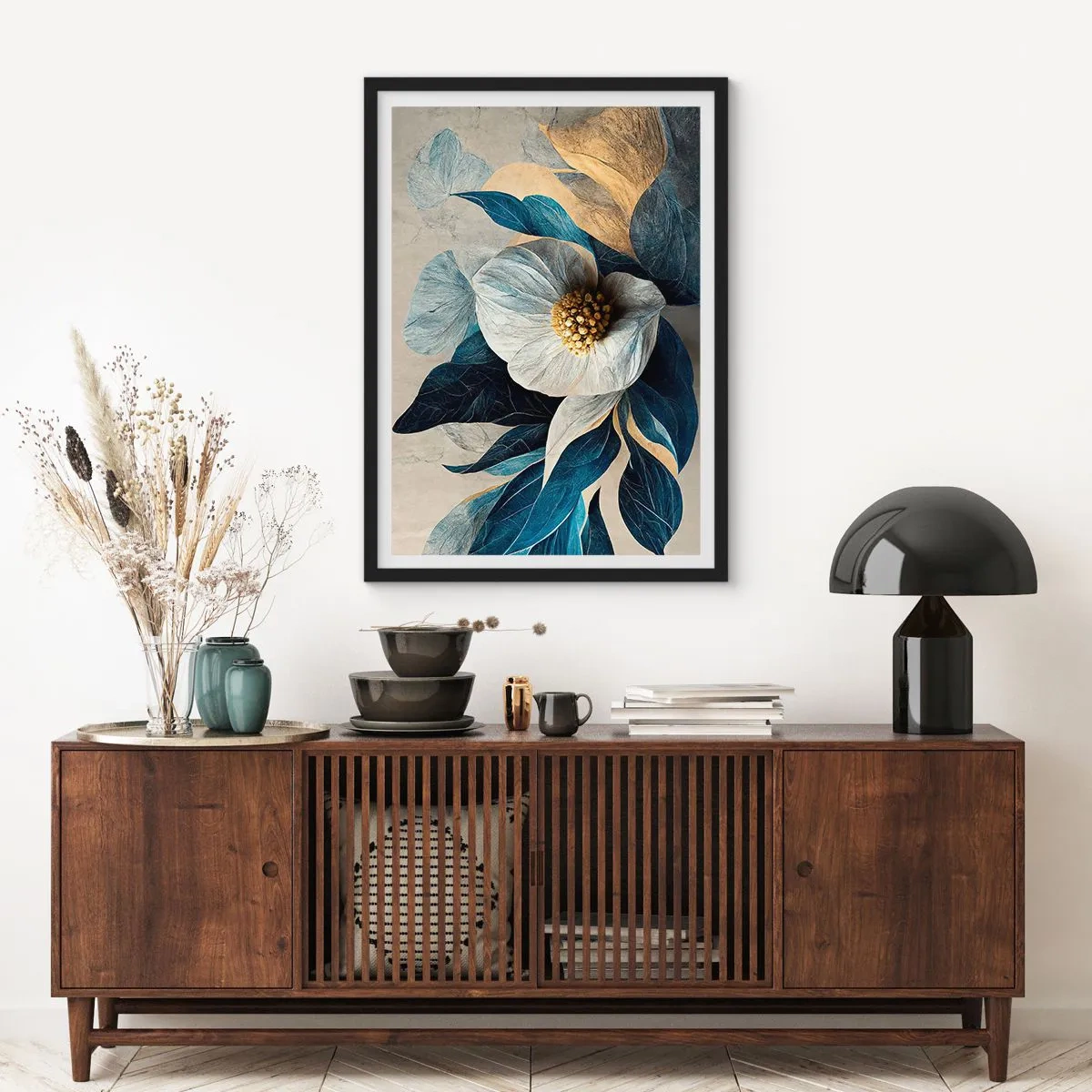 Affiche dans un cadre noir - Poster - Une fleur élégante dans les tons bleu marine et or - 50x70cm - Il a un coeur d'or - Décoration murale moderne pour le salon et la chambre ARTTOR
