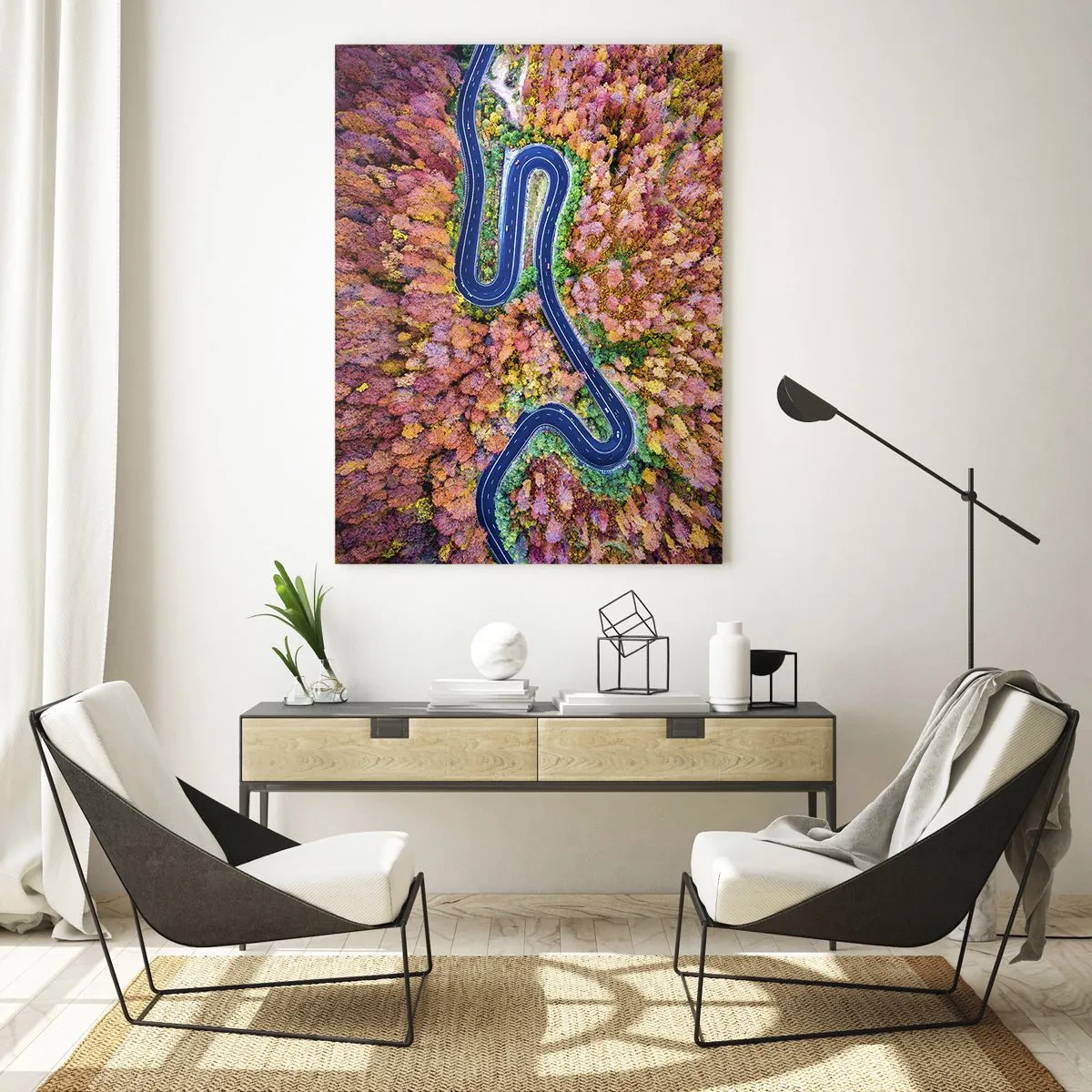 Impression sur verre - Image sur verre - Une route sinueuse dans une forêt d'automne vue à vol d'oiseau - 70x100cm - Route sinueuse à travers la forêt - Décoration murale moderne pour le salon et la chambre ARTTOR