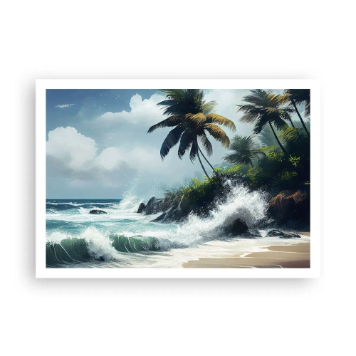Affiche - Poster - Rivage tropical avec palmiers et mer agitée - 100x70cm - Sur une côte tropicale - Décoration murale moderne pour le salon et la chambre ARTTOR