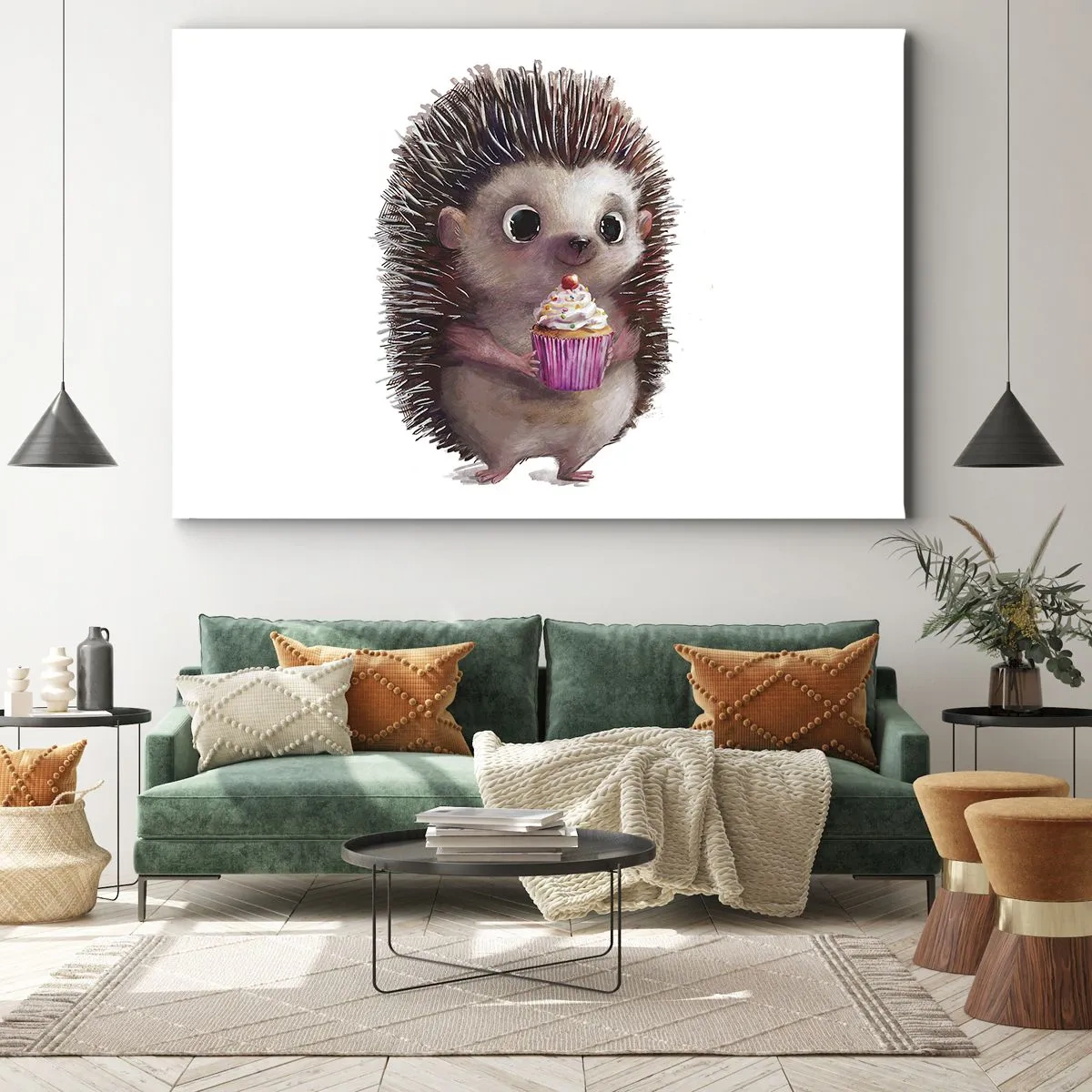 Impression sur toile - Image sur toile - Un hérisson mignon avec un cupcake - 100x70cm - La fête c'est tous les jours - Décoration murale moderne pour le salon et la chambre ARTTOR