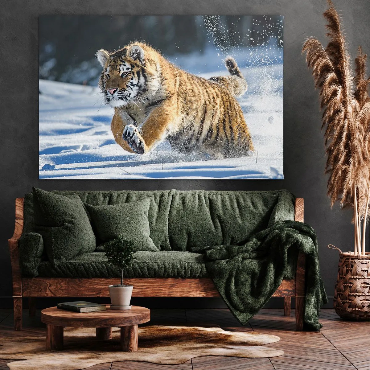 Impression sur toile - Image sur toile - Un tigre de Sibérie courant dans un paysage enneigé - 120x80cm - Dieu de la taïga sibérienne - Décoration murale moderne pour le salon et la chambre ARTTOR