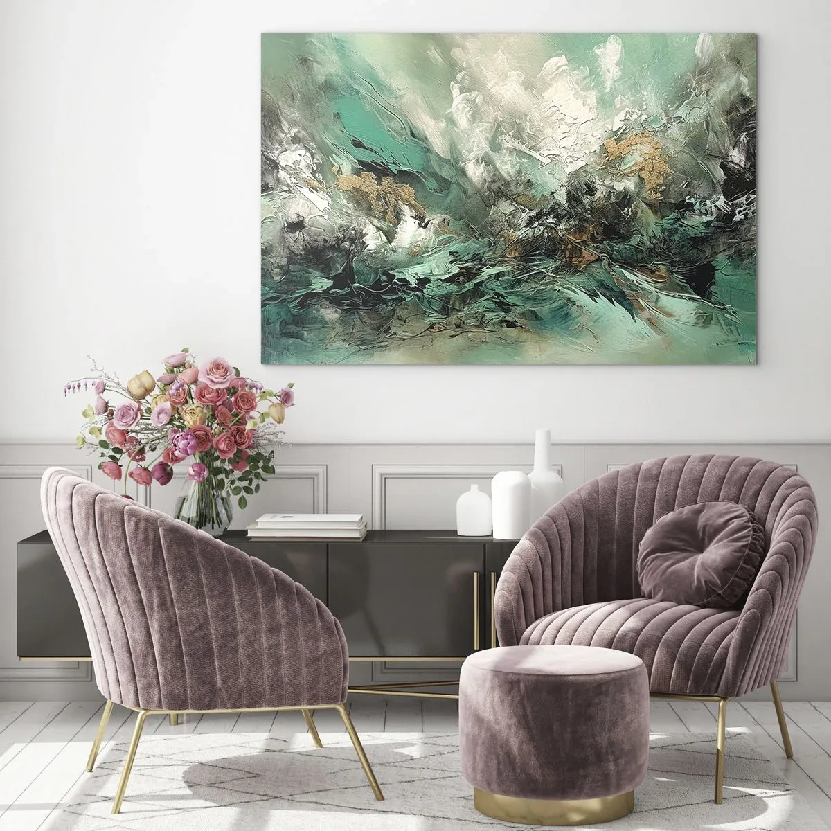 Impression sur verre - Image sur verre - Une composition abstraite dans les tons émeraude, noir et blanc. - 70x50cm - Ressac émeraude et noir - Décoration murale moderne pour le salon et la chambre ARTTOR
