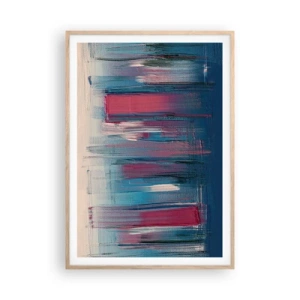 Affiche dans un chêne clair - Poster - Composition verticale en bleu et rouge - 70x100 cm
