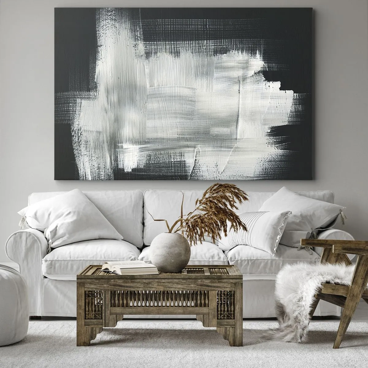 Impression sur toile - Image sur toile - Traits abstraits blancs sur fond sombre - 70x50cm - Tissé à la verticale et à l'horizontale - Décoration murale moderne pour le salon et la chambre ARTTOR