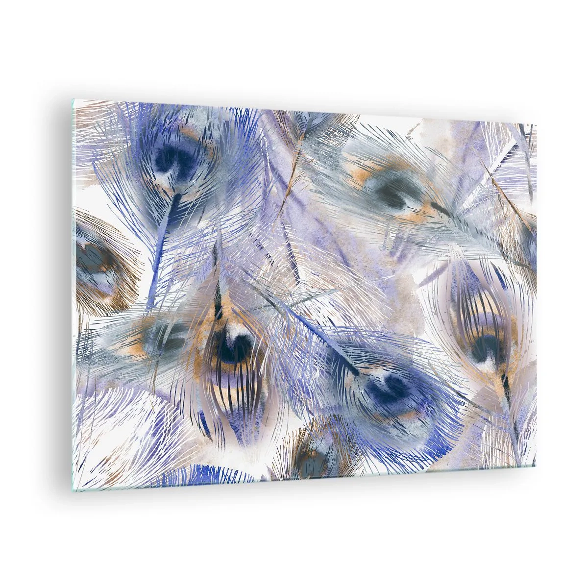 Impression sur verre - Image sur verre - Plumes de paon délicates dans des tons de bleu et de marron - 70x50cm - Composition de paon - Décoration murale moderne pour le salon et la chambre ARTTOR