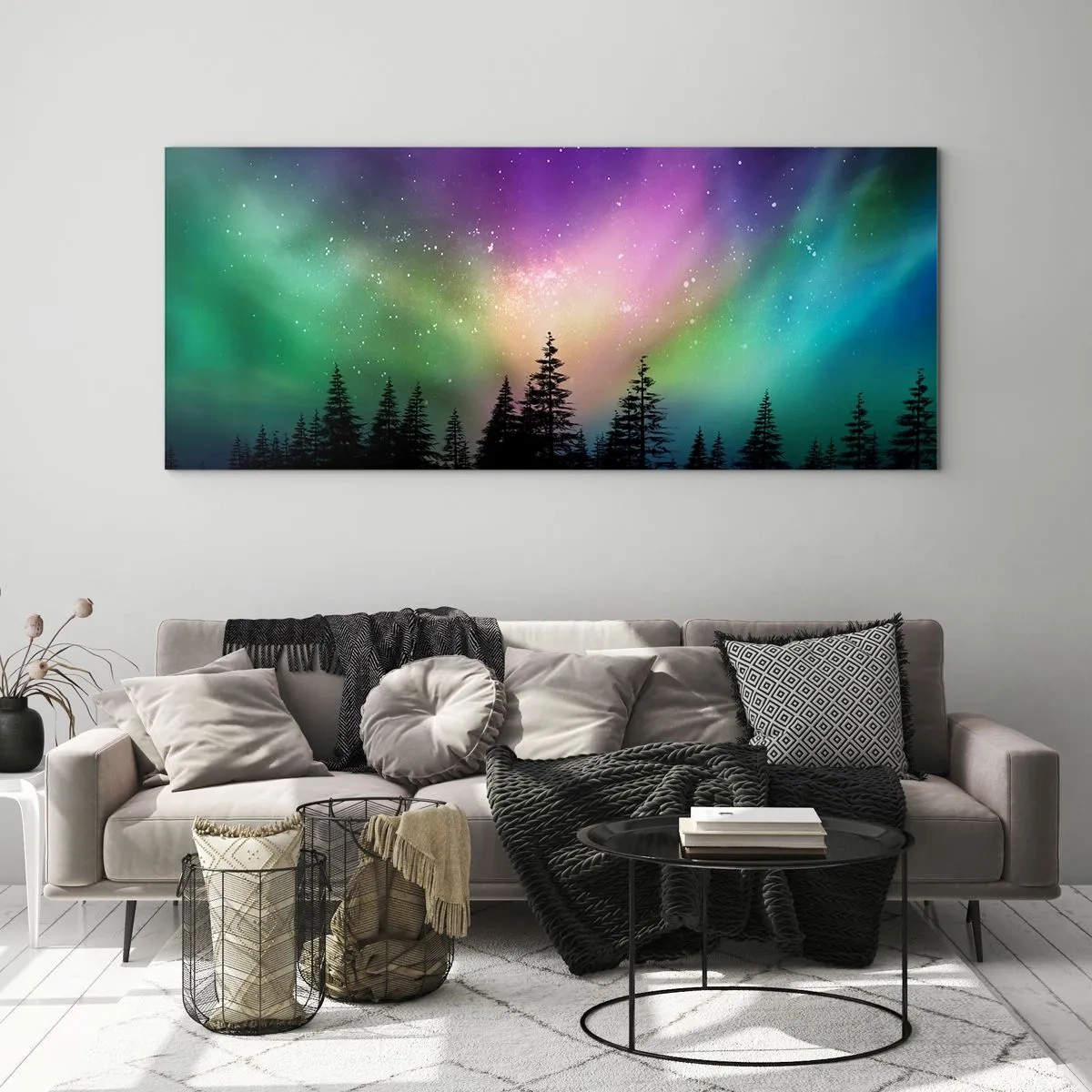 Impression sur verre - Image sur verre - Aurore boréale au-dessus d'une forêt avec un ciel étoilé - 160x50cm - Magie blanche - Décoration murale moderne pour le salon et la chambre ARTTOR