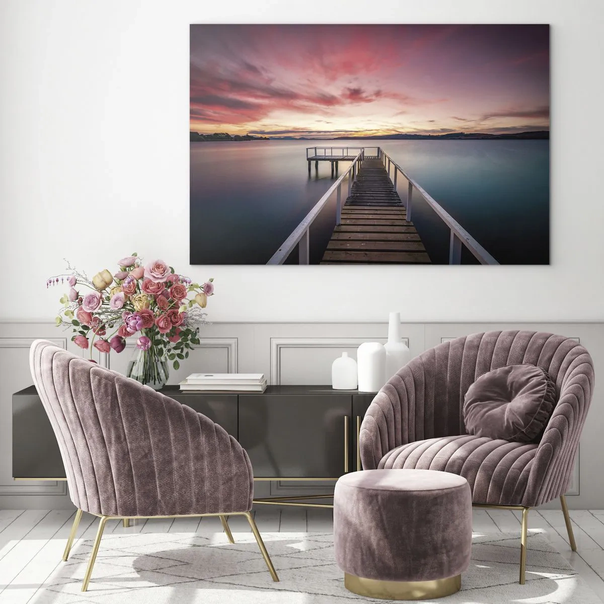 Impression sur verre - Image sur verre - Jetée au bord du lac au coucher du soleil avec un ciel rose - 70x50cm - La douce flamme du soir - Décoration murale moderne pour le salon et la chambre ARTTOR