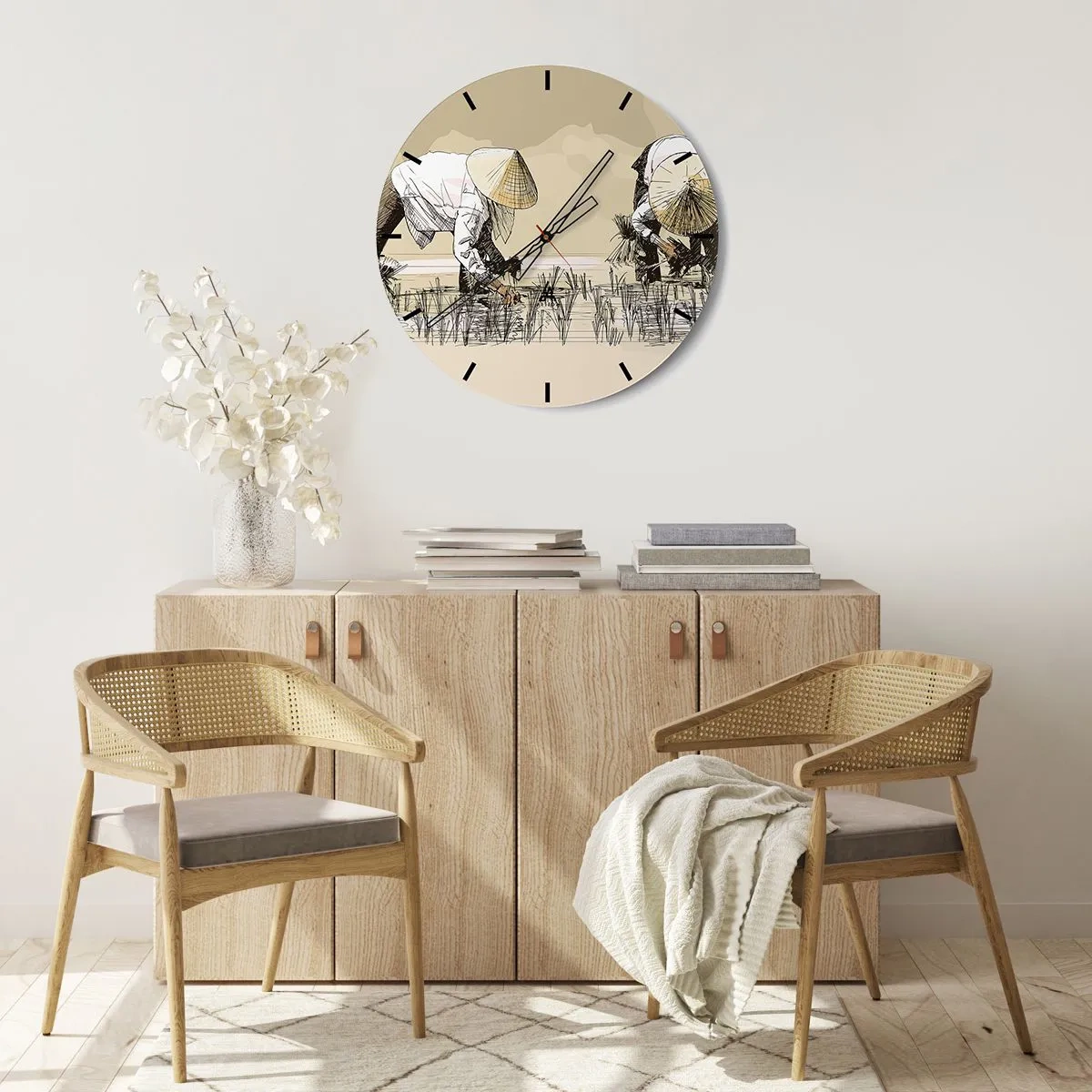 Horloge murale - Pendule murale - Un motif de dessin animé d'agriculteurs travaillant dans une rizière dans des tons beiges. - 30x30cm - Récolte réussie - Décoration murale moderne pour le salon, la cuisine et la chambre ARTTOR