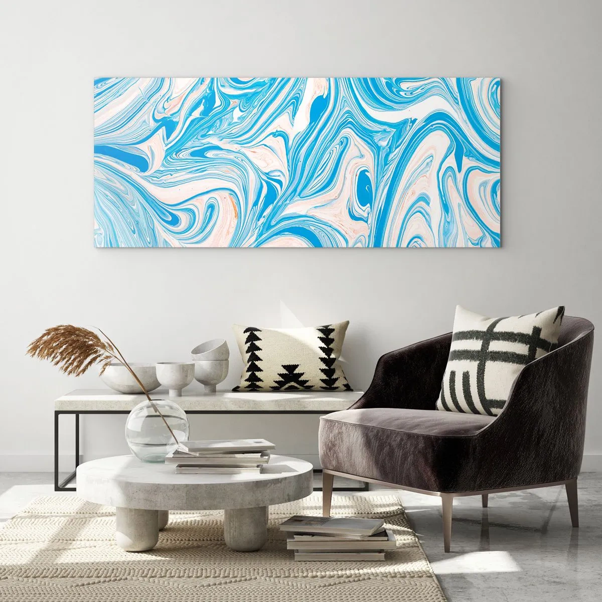 Impression sur verre - Image sur verre - Tourbillons abstraits de style marbre bleu et blanc - 160x50cm - Bassin turquoise - Décoration murale moderne pour le salon et la chambre ARTTOR