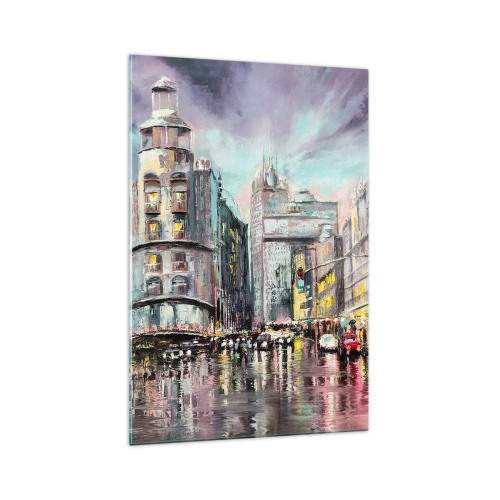 Impression sur verre - Image sur verre - Vue nocturne de la ville avec des reflets sur la rue mouillée - 70x100cm - Ce sera une soirée réussie - Décoration murale moderne pour le salon et la chambre ARTTOR
