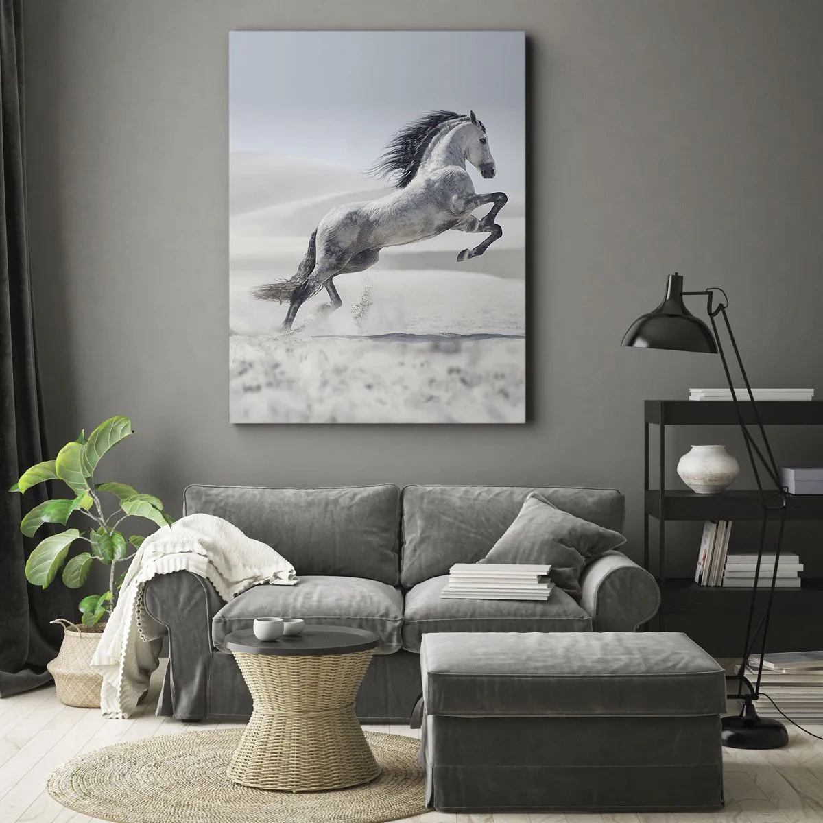 Impression sur toile - Image sur toile - Un cheval blanc galopant sur fond de dunes du désert - 50x70cm - Prince arabe - Décoration murale moderne pour le salon et la chambre ARTTOR