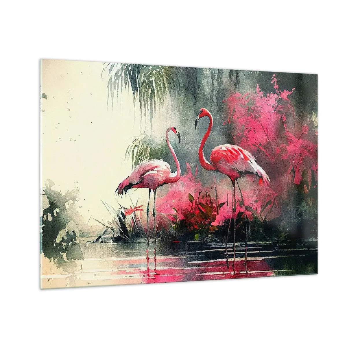 Impression sur verre - Image sur verre - Deux flamants roses dans un décor tropical au bord de l'eau - 100x70cm - Une leçon de grâce naturelle - Décoration murale moderne pour le salon et la chambre ARTTOR