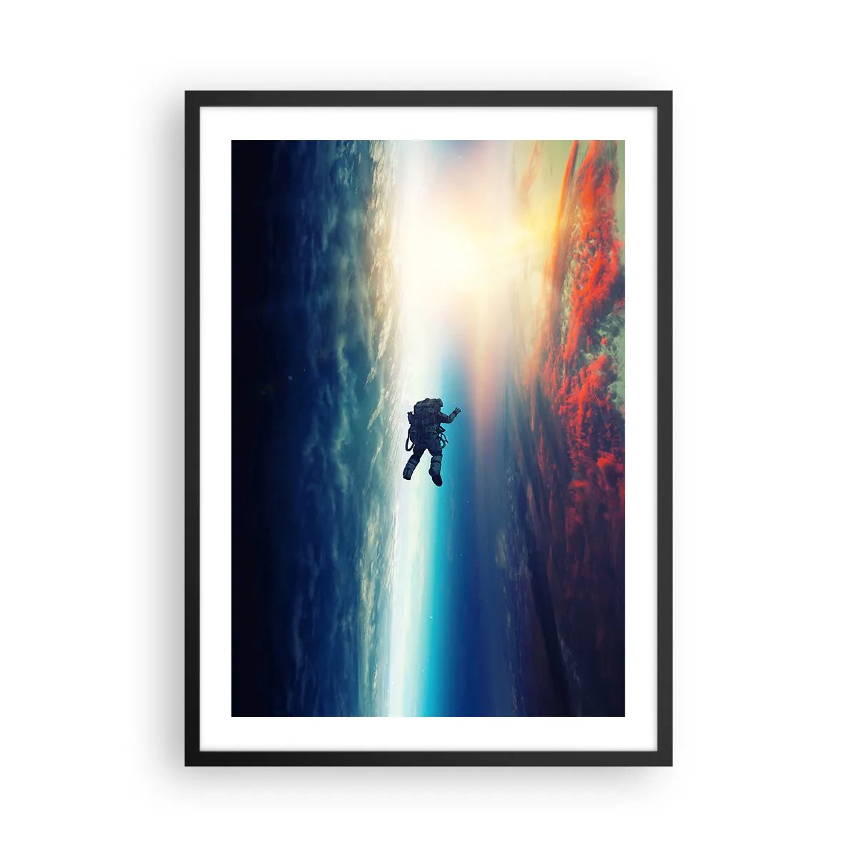Affiche dans un cadre noir - Poster - Astronaute dans l'espace avec la Terre et le soleil en arrière-plan - 50x70cm - Affronter l'univers - Décoration murale moderne pour le salon et la chambre ARTTOR