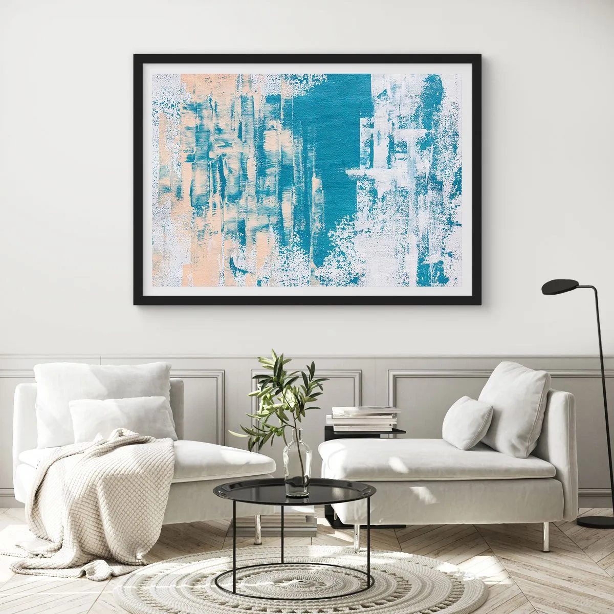 Affiche dans un cadre noir - Poster - Composition abstraite dans les tons de bleu et de blanc - 100x70cm - À travers un iceberg - Décoration murale moderne pour le salon et la chambre ARTTOR