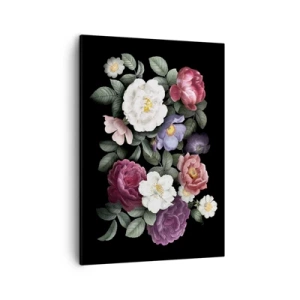 Impression sur toile - Image sur toile - Fleurs de différentes couleurs sur fond noir - 50x70cm - D'un jardin anglais - Décoration murale moderne pour le salon et la chambre ARTTOR