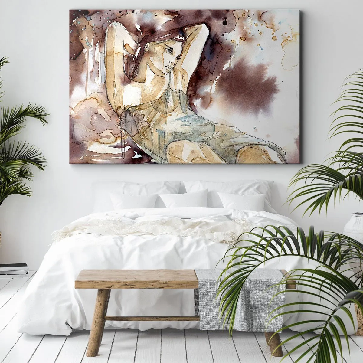 Impression sur toile - Image sur toile - Femme dans un style aquarelle artistique sur fond marron - 70x50cm - D'humeur lilas - Décoration murale moderne pour le salon et la chambre ARTTOR