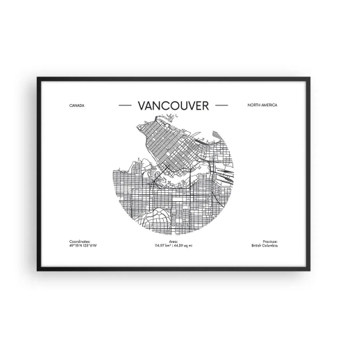 Affiche dans un cadre noir - Poster - Une carte de Vancouver dans un style minimaliste en noir et blanc - 100x70cm - Anatomie de Vancouver - Décoration murale moderne pour le salon et la chambre ARTTOR