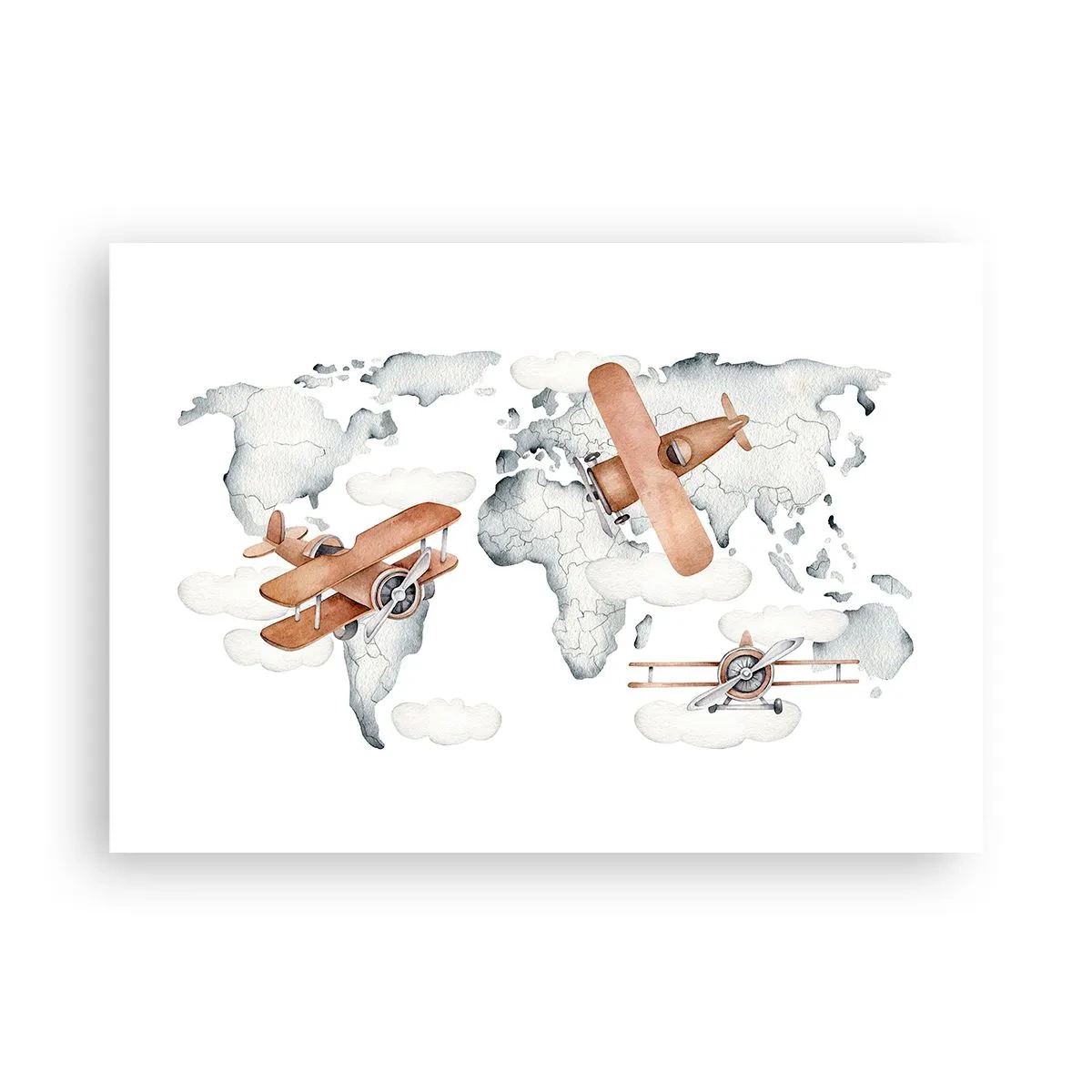 Affiche - Poster - Illustration d'une carte du monde avec des avions - 100x70cm - Dans un esprit pionnier - Décoration murale moderne pour le salon et la chambre ARTTOR
