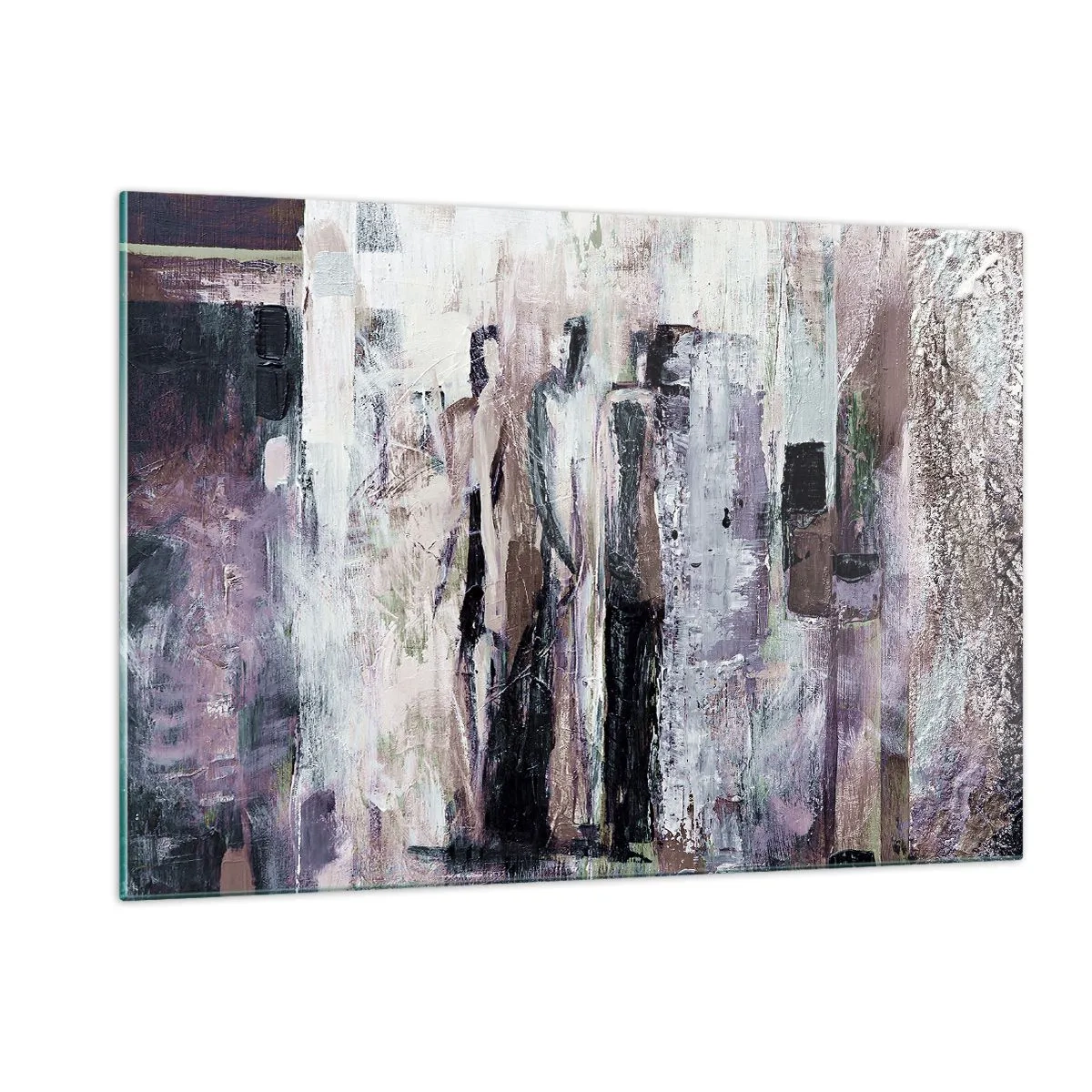 Impression sur verre - Image sur verre - Silhouettes abstraites de personnages sur un fond de peinture texturée - 120x80cm - Les trois mystérieux - Décoration murale moderne pour le salon et la chambre ARTTOR