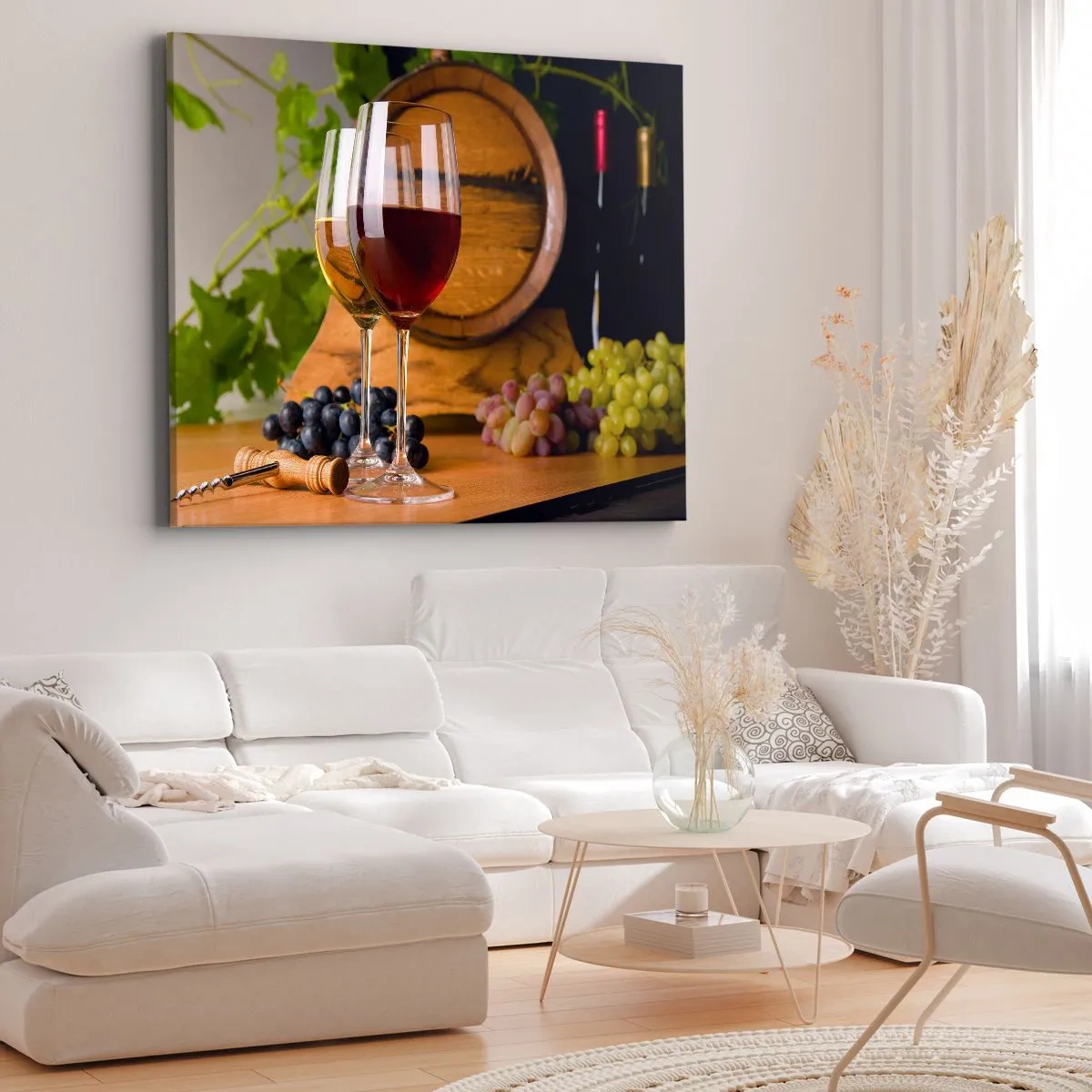 Impression sur toile - Image sur toile - Verres de vin avec des raisins, un tonneau et des bouteilles sur une table en bois - 120x80cm - Comme les vieux maîtres - Décoration murale moderne pour le salon et la chambre ARTTOR