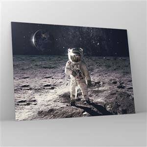 Impression sur verre - Image sur verre - Astronaute à la surface de la Lune avec la Terre en arrière-plan - 70x50cm - Salutations de la lune - Décoration murale moderne pour le salon et la chambre ARTTOR