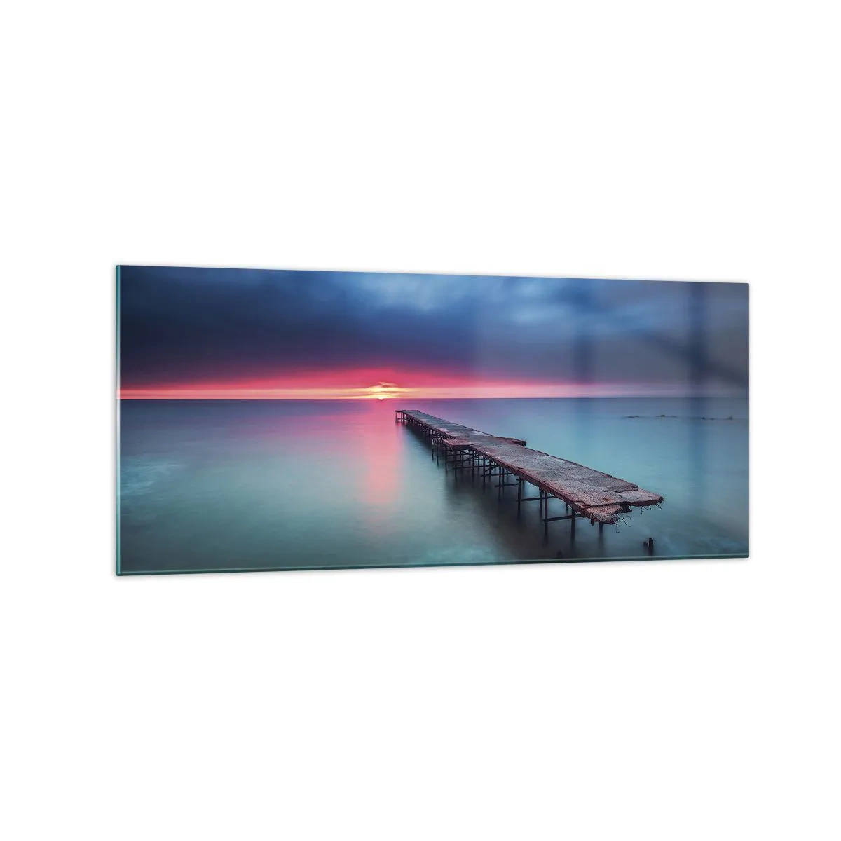 Impression sur verre - Image sur verre - Une jetée en bois menant directement à la mer au coucher du soleil - 120x50cm - Entre le ciel et la terre - Décoration murale moderne pour le salon et la chambre ARTTOR