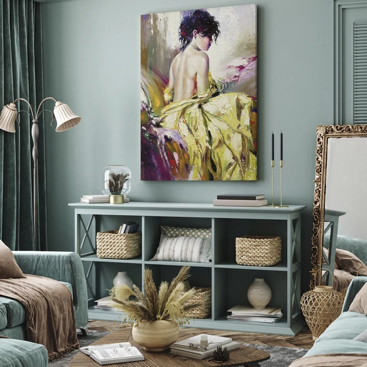 Impression sur toile - Image sur toile - Une scène picturale d'une femme sur un lit dans une atmosphère romantique - 50x70cm - Entre les lèvres et le bord de la tasse - Décoration murale moderne pour le salon et la chambre ARTTOR