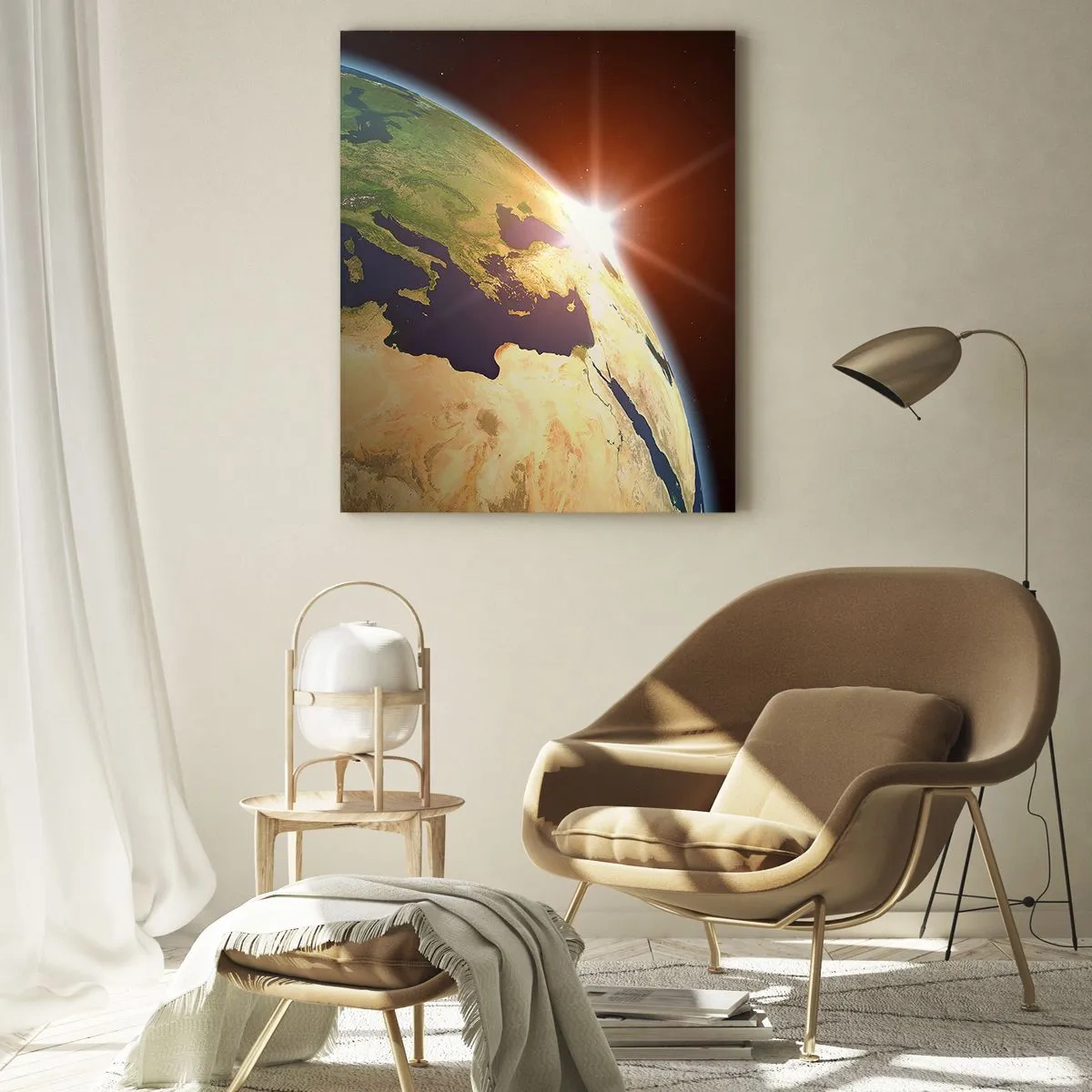Impression sur verre - Image sur verre - La Terre illuminée par le soleil levant depuis l'espace - 50x70cm - Lever de soleil - Décoration murale moderne pour le salon et la chambre ARTTOR